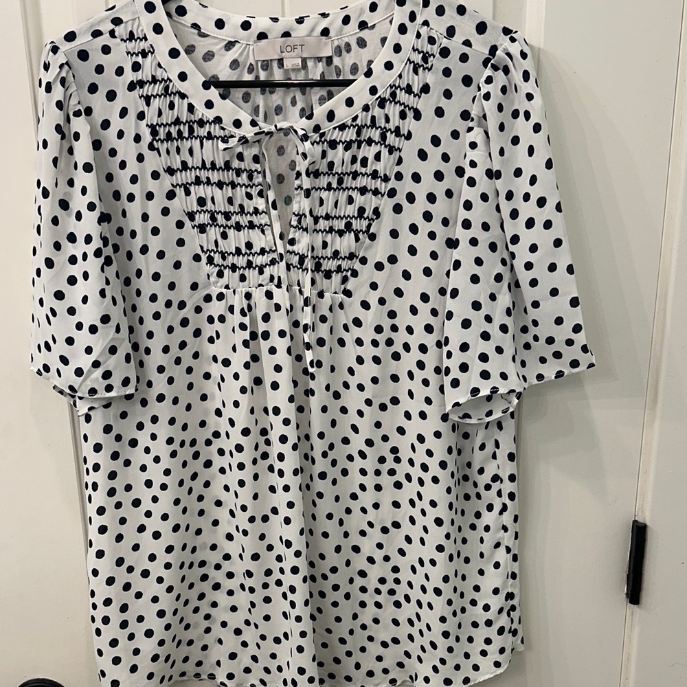 LOFT Navy and White Polka Dot Blouse back cotton and front is chiffon sz L NWOT
